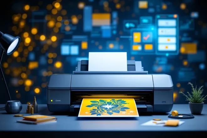 Een moderne printer drukt kleurrijke kaarten met ontwerpen af, met een digitaal scherm op de achtergrond dat ontwerpopties toont.