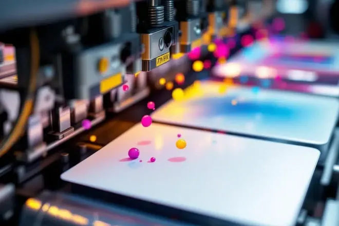 Industriële kaartprinter met witte plastic kaarten en kleurrijke CMYK-inktdruppels in productieproces