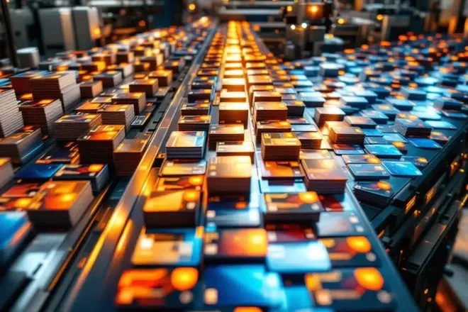 Industriële kaartprinters produceren duizenden glanzende plastic ledenpassen op transportbanden in moderne fabriek