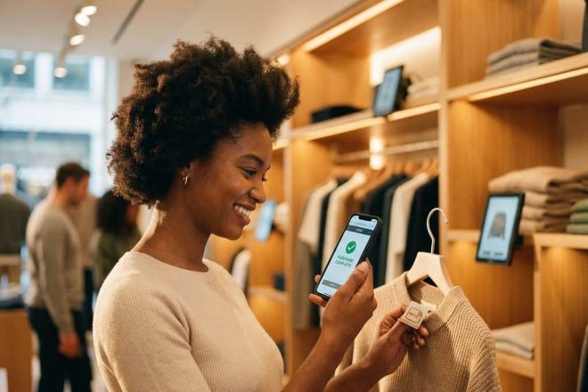 Tevreden klant met smartphone-winkelapp en RFID-tag in moderne retailomgeving met geïntegreerde technologie