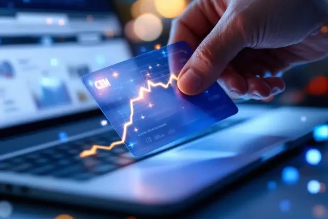 Klantenkaart in kaartlezer verbonden met laptop waarop CRM-dashboard draait, met webshop-interface op achtergrond en visualisatie van datastromen in zakelijke blauwe omgeving.
