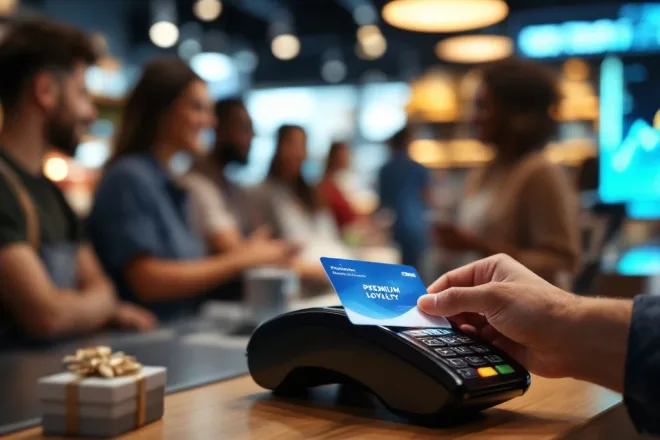 Premium loyaliteitskaart in digitale lezer met beloningsvoordelen op voorgrond en tevreden klanten op achtergrond. Scherm toont groeigrafiek voor klantbehoud.