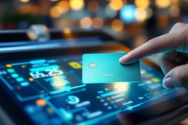 Modern kassasysteem met loyaliteitsprogramma op touchscreen terwijl RFID-klantenkaart boven de lezer zweeft, met subtiel dataoverdracht-effect in een winkelomgeving.