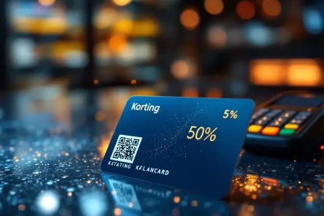 Professionele klantenkaart met QR-code en barcode naast een mobiele betaalterminal die korting weergeeft, in een warme winkelomgeving met subtiel lichteffect.