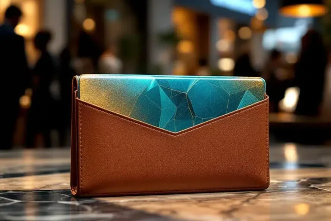 Luxe klantenkaart die uit een leren portemonnee steekt op een kassabalie, omgeven door winkelelementen zoals een papieren tas en bonnetje, symboliserend klantloyaliteit.