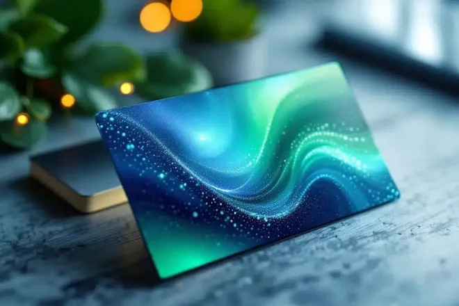 Professionele klantenkaart met blauw-groen verloop op computerscherm, omringd door kleurstalen en voorbeeldkaarten in moderne drukkerij-omgeving.