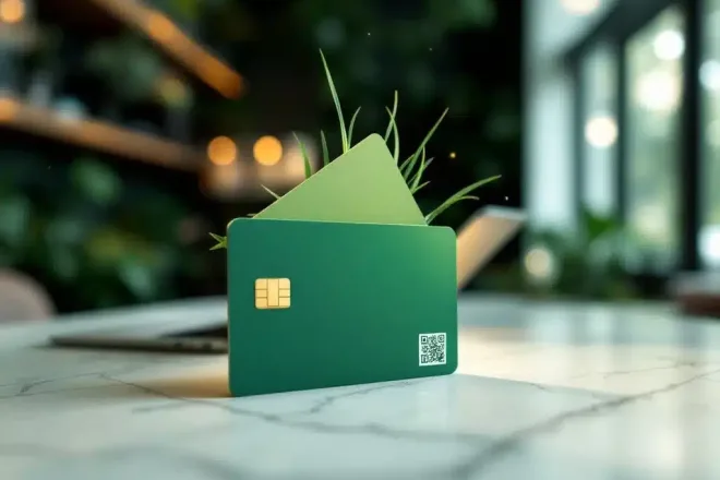 Duurzame klantenkaart die half uit een smartphone steekt, met omnichannel retail-achtergrond. QR-code symboliseert de naadloze verbinding tussen fysiek en digitaal loyaliteitsprogramma.