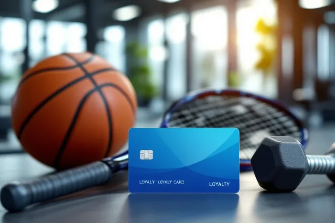 Moderne loyaliteitskaart op sportuitrusting met basketbal, tennisracket en gewichten, naast smartphone die virtueel loyaliteitsprogramma toont in sportfaciliteit.