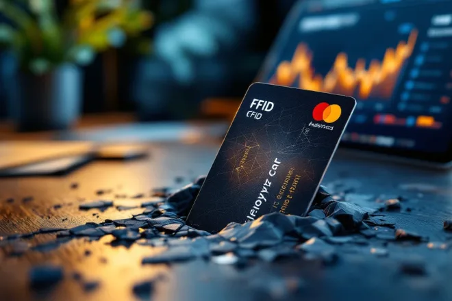 Moderne klantenkaart met RFID-technologie en eco-materialen komt tevoorschijn uit verouderde, versleten kaart op professioneel bureau met analysetablet en plant.