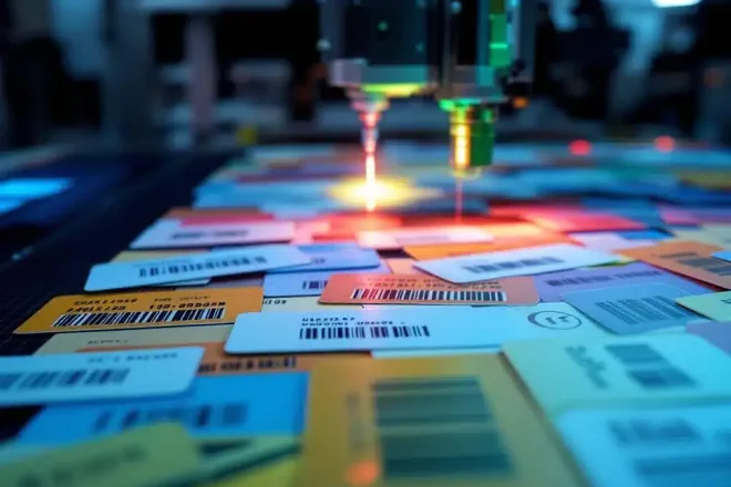 Hoogglans klantenkaarten in waaierpatroon met barcodes en serienummers. Laserscan in actie terwijl op achtergrond een drukpers loyaliteitskaarten produceert.