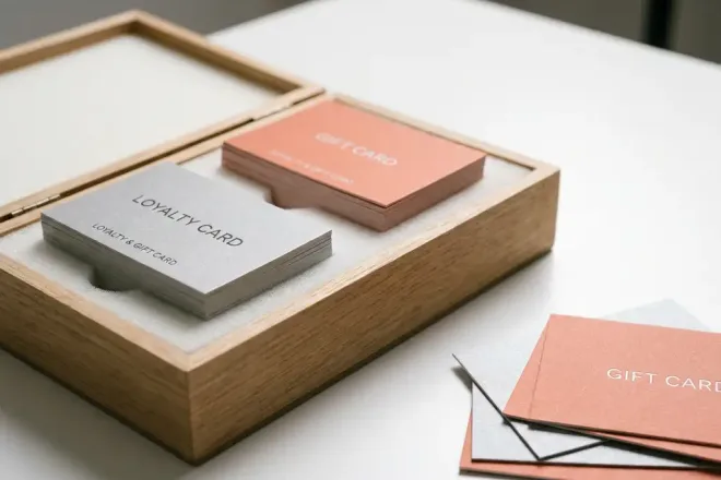 Stapel vers gedrukte loyaliteits- en cadeaukaarten in beschermende opbergdoos met wit schuim, enkele kaarten uitgewaaierd ernaast.
