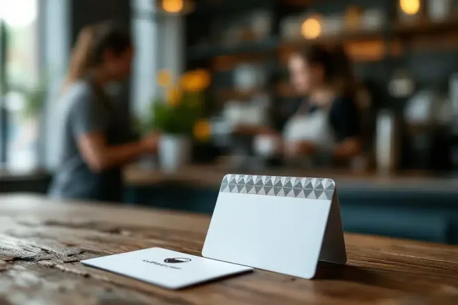 Twee klantenkaarten op een houten toonbank in een gezellig café. Op de achtergrond helpt een barista een klant, wat de persoonlijke service benadrukt.