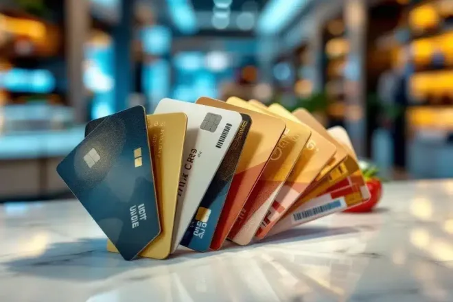 Diverse klantenkaarten in waaieropstelling, verschillende formaten met magneetstrips, barcodes en RFID-chips in elegante winkelomgeving.