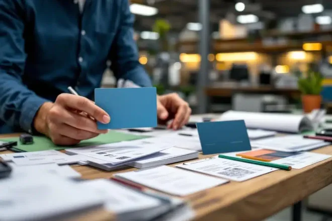 Diverse klantenkaarten van glanzend PVC en duurzaam biologisch afbreekbaar materiaal, uitgewaaierd op bureau met personalisatie-elementen en drukkerij op achtergrond.
