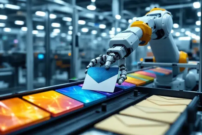 Modern fulfilmentcentrum met robotarm die gepersonaliseerde loyaliteitskaarten in premium enveloppen plaatst, omringd door kleurrijke kaarten op sorteerband.