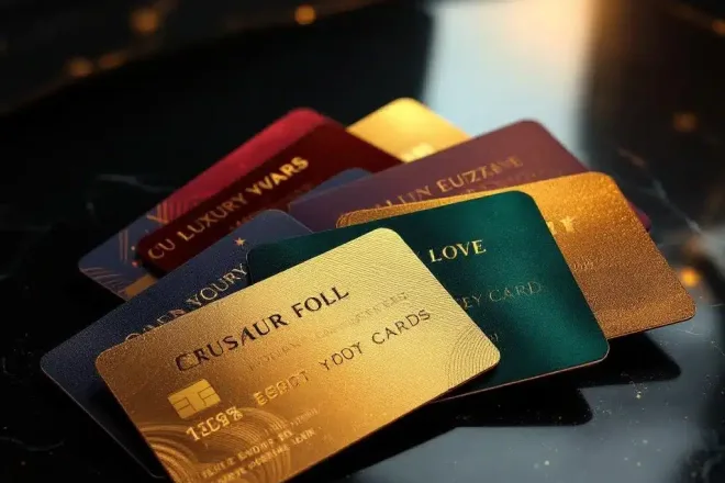 Premium klantenkaarten in waaieropstelling met luxe druktechnieken: goudfolie, reliëf, metallic inkt en UV-lak op donker reflecterend oppervlak met stijlvolle verlichting.