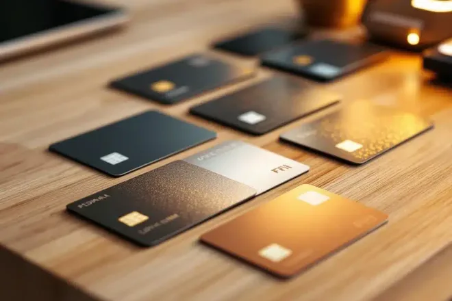 Gepersonaliseerde klantenkaarten in verschillende materialen op een houten bureau, met zichtbare RFID-chip, QR-code en personalisatieapparaat op achtergrond.
