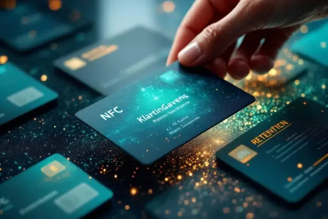 Hoogwaardige klantenkaarten in waaierpatroon met NFC-chips en QR-codes. Professionele hand houdt gepersonaliseerde kaart vast terwijl tablet klantretentiegegevens toont.
