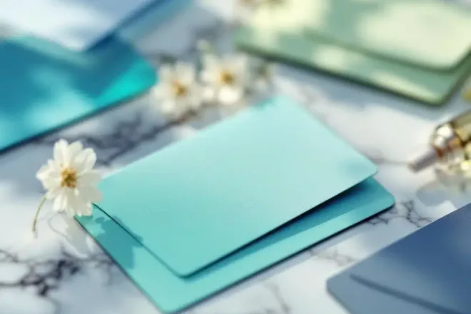 Kleurrijke klantenkaarten elegant verspreid op professioneel oppervlak met subtiele verwijzingen naar retail, horeca en wellness sectoren op achtergrond.