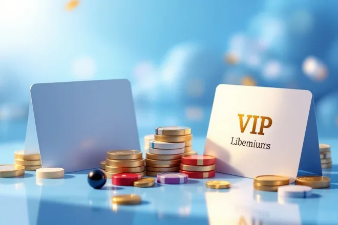 Spaarkaart en premium lidmaatschapskaart op een glad oppervlak met bijbehorende beloningen en VIP-voordelen tegen blauwe achtergrond.