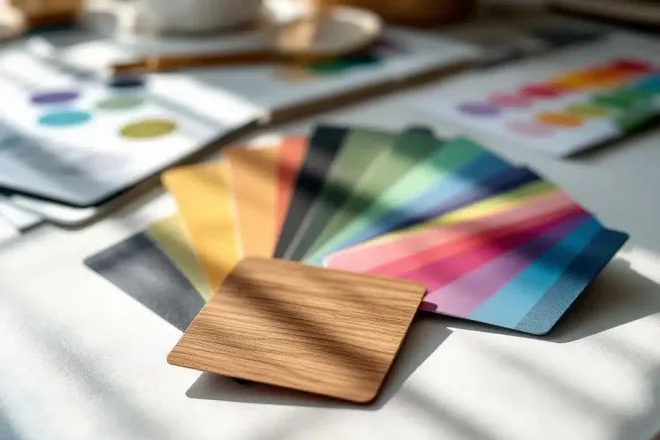 Elegante klantenkaarten in waaierpatroon op een designbureau, met een duurzame houten kaart centraal en ontwerptools op achtergrond.