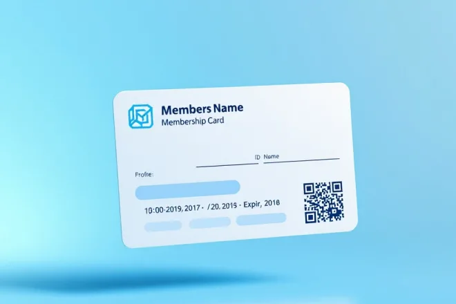 Moderne lidmaatschapskaart zwevend tegen blauwe achtergrond, met ruimtes voor naam, ID-nummer, profielfoto en QR-code, in driedimensionaal realistisch ontwerp.