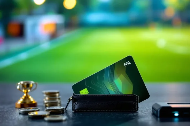 Moderne lidmaatschapskaart in portemonnee tegen sportclub achtergrond met voetbalveld. RFID-chip zichtbaar met symbolen voor toegang, punten en lidmaatschap.