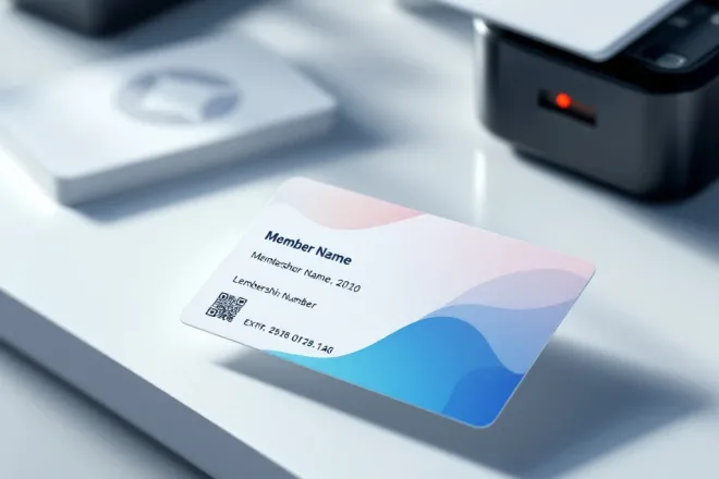 Professionele lidmaatschapskaart met blauw-groene gradiënt, placeholders voor persoonlijke gegevens en QR-code, naast kaartprinter en lege kaarten.