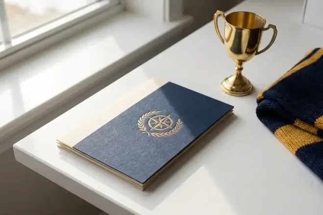 Gepersonaliseerde clublidmaatschapskaart met gouden accenten op wit bureau, naast miniatuurkampioensbeker en teamsjaal, warm natuurlijk licht.