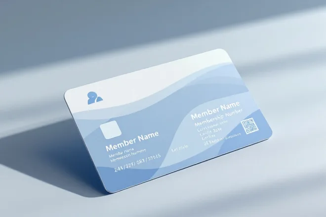 Professionele lidmaatschapskaart met blauwe gradient, placeholders voor naam en gegevens, profielfoto-vak links en QR-code rechtsonder op neutrale ondergrond.