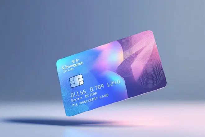 Moderne lidmaatschapskaart met hologrammen, RFID-chip en UV-patronen, professioneel gepresenteerd op blauwe achtergrond.