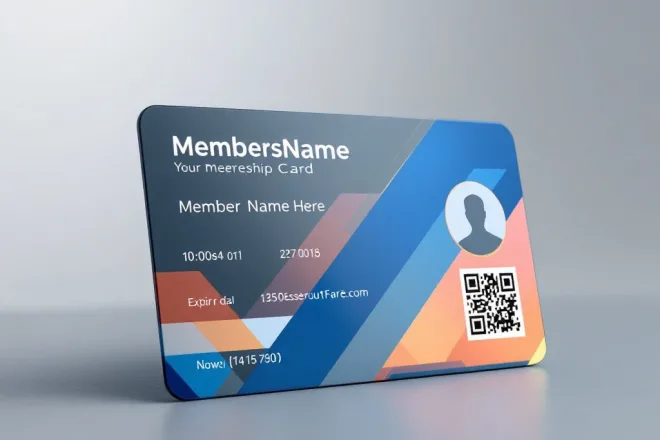 Professionele lidmaatschapskaart met placeholders voor naam, nummer en vervaldatum, voorzien van logo, QR-code en profielfoto tegen subtiele achtergrond.