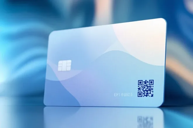 Moderne lidmaatschapskaart met vakken voor naam, nummer, foto en vervaldatum, QR-code in de hoek, glanzende afwerking en blauwe gradient-achtergrond op reflecterend oppervlak.