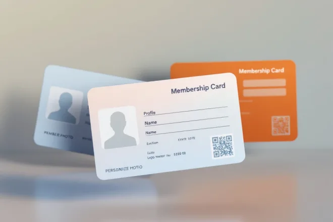 Moderne lidmaatschapskaart met ruimtes voor foto, informatie en QR-code, zwevend boven twee gedeeltelijk zichtbare kaarten op een subtiele kleurovergang.
