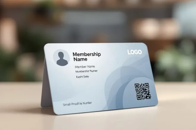 Moderne lidmaatschapskaart met professioneel blauw-grijs ontwerp, velden voor naam, nummer, foto, vervaldatum en QR-code op glanzend oppervlak.