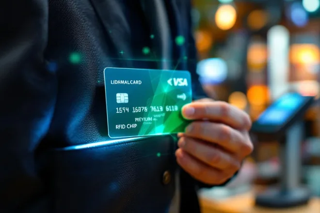 Premium lidmaatschapskaart met barcode en RFID-chip steekt uit stijlvolle portemonnee tegen achtergrond van modern winkelinterieur met betaalterminal.