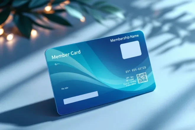 Professionele lidmaatschapskaart met blauw-turquoise verloop, placeholders voor foto, naam en nummer, QR-code en een premium afwerking op reflecterend oppervlak.