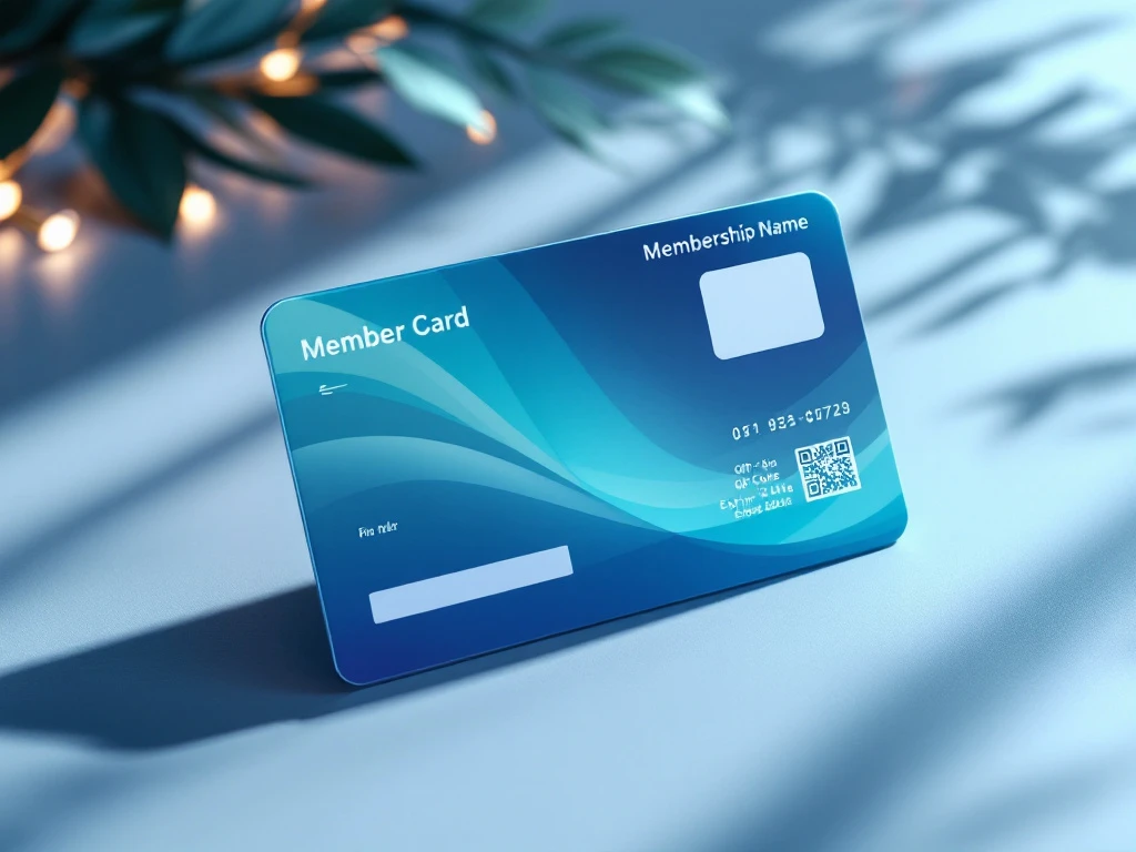 Professionele lidmaatschapskaart met blauw-turquoise verloop, placeholders voor foto, naam en nummer, QR-code en een premium afwerking op reflecterend oppervlak.