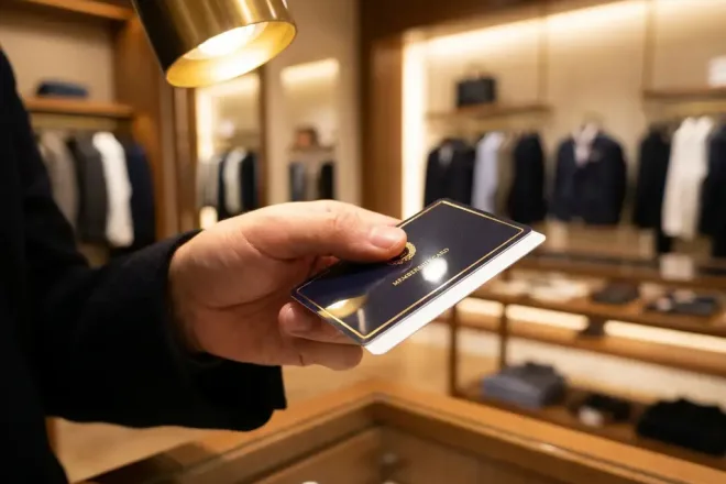 Glanzende lidmaatschapskaart tussen vingers boven retailtoonbank, met gouden glinstering en warme verlichting in boetiekinterieur.