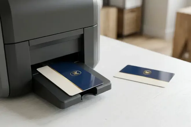 Vers gedrukte lidmaatschapskaart die uit een professionele kaartprinter schuift, met een identieke vervangingskaart ernaast op een wit bureau.
