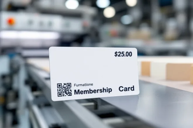 Gedeeltelijk voltooide lidmaatschapskaart op productielijn met placeholders voor persoonsgegevens, foto en QR-code. PVC-materialen en personalisatieapparatuur zichtbaar.