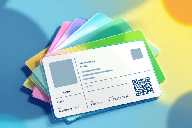Professionele lidmaatschapskaart met placeholders voor foto, naam en nummer op een blauwe gradiënt achtergrond, met QR-code en diverse gekleurde kaarten zichtbaar erachter.