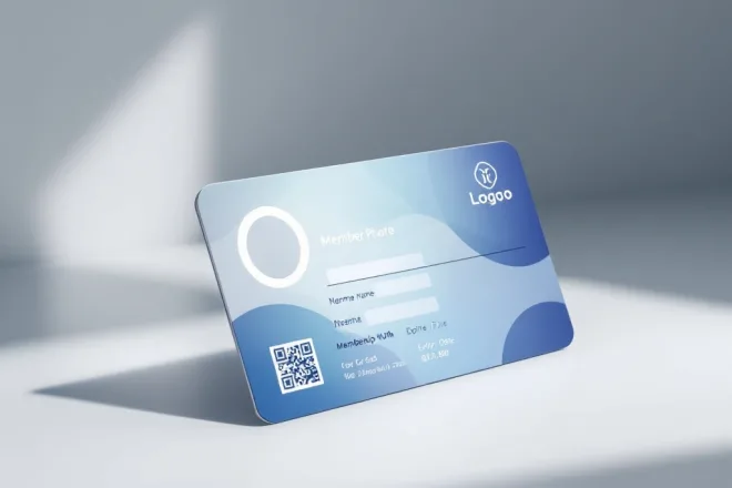 Professionele lidmaatschapskaart met blauw-turquoise verloop, ruimtes voor profielfoto, naam, nummer en vervaldatum, plus QR-code op een lichtgrijze ondergrond.