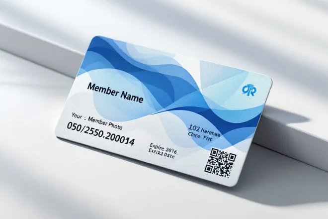Elegante lidmaatschapskaart met plaatshouders voor naam, nummer, foto en QR-code op een minimalistisch oppervlak, met een modern blauw-wit kleurverloop en premium afwerking.
