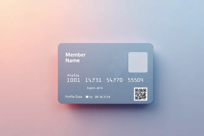Professionele lidmaatschapskaart met placeholders voor naam, nummer, foto, vervaldatum en QR-code op een zachte gradient achtergrond met blauwe accenten.