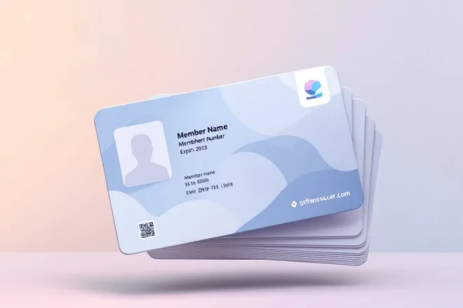 Professionele lidmaatschapskaart met minimalistisch ontwerp, plaatshouders voor foto en gegevens, in zachte blauwtinten met gestapelde kaarten erachter.
