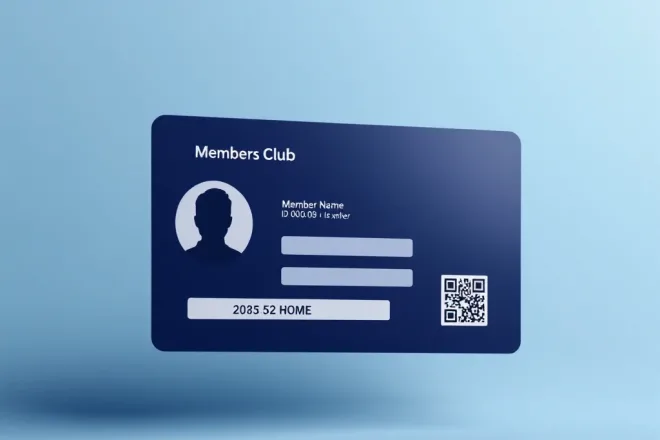 Professioneel ontworpen lidmaatschapskaart met ruimtes voor naam, ID, vervaldatum, logo, QR-code en profielfoto op blauwe achtergrond.