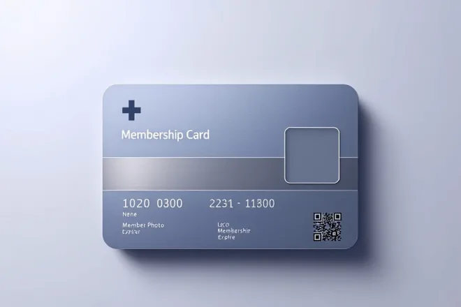 Moderne lidmaatschapskaart in landschapsformaat met plaatshouders voor naam, nummer en foto, QR-code en een elegant blauw-grijs kleurenschema met metallic accenten.