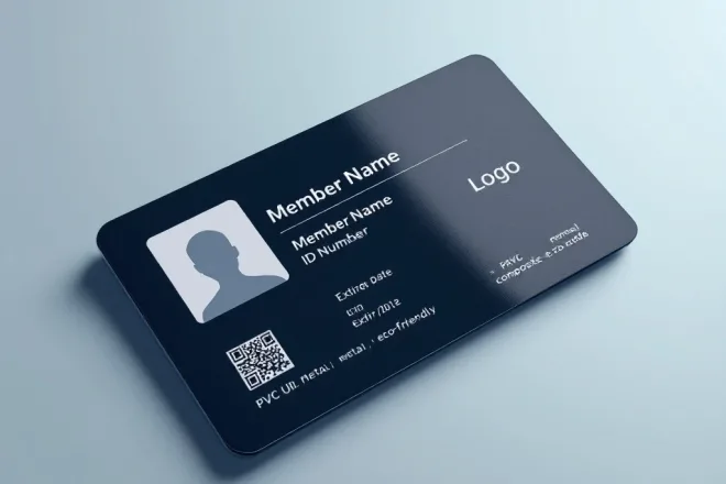 Professionele lidmaatschapskaart met placeholders voor naam, ID, foto en QR-code, getoond met verschillende materiaalopties en stijlvolle blauw-grijze afwerking.