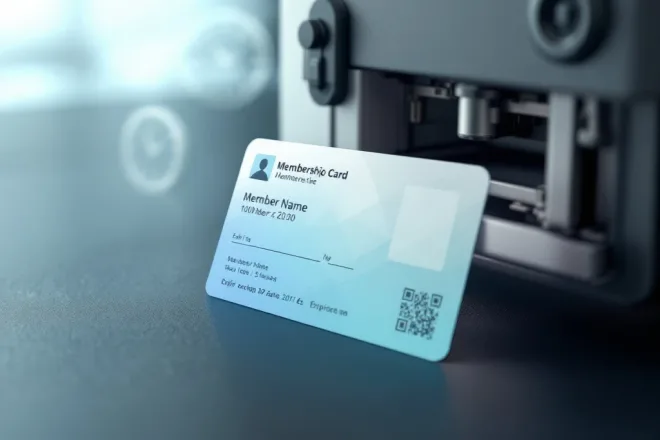 Professionele lidmaatschapskaart met plaatshouders voor naam, nummer en foto op een minimalistische ondergrond. Blauwtint verloop achtergrond met QR-code en subtiele productie-elementen.